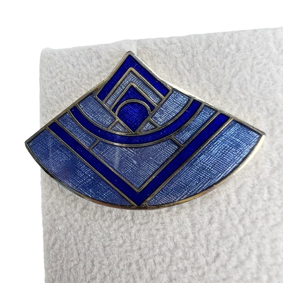 ROMAN Cobalt Blue Enamel Inlay Art Deco Style Fan Pierced Earrings - Picture 3 of 7